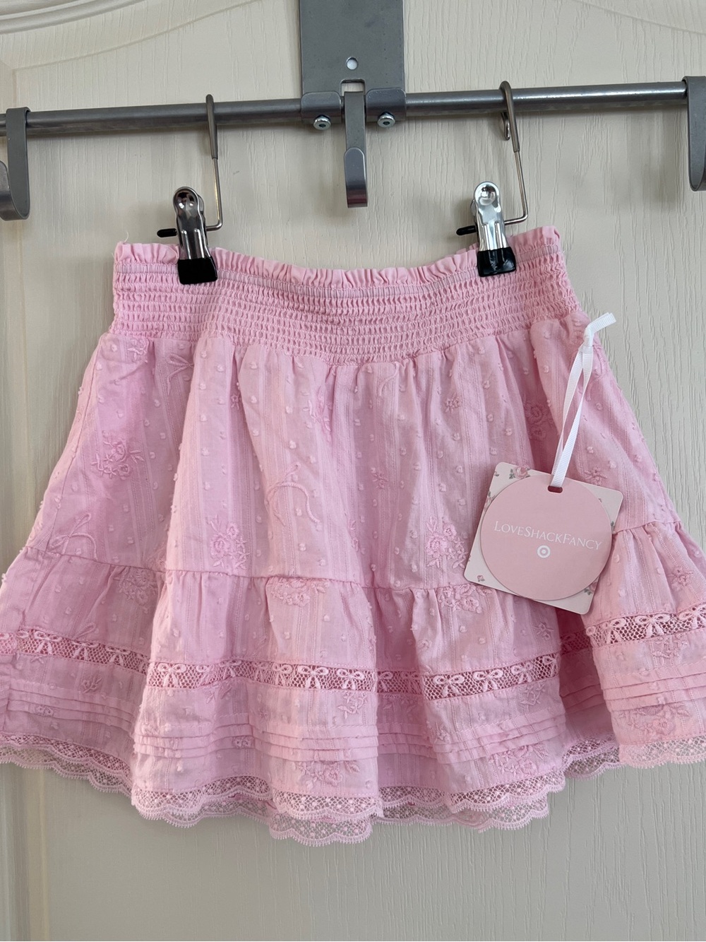 NWT LoveShackFancy Pink x Target Clara Alouette Rose Embroidery Tiered Skirt 12